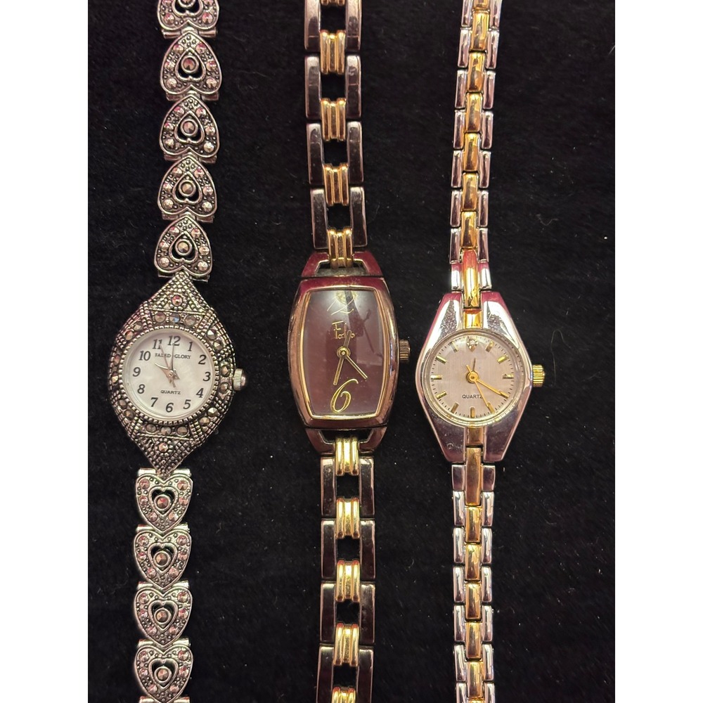 Womens Watch Lot 3pc Faded Glory Folio Two Tone Marcasite Heart Link Quartz